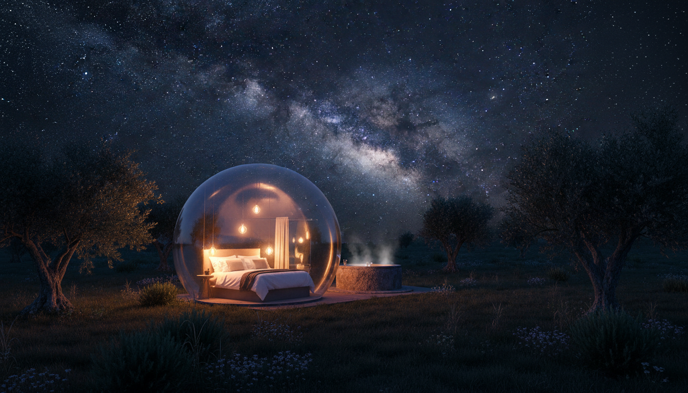 Hotel burbuja BUBA GLAMP bajo un cielo estrellado con jacuzzi privado