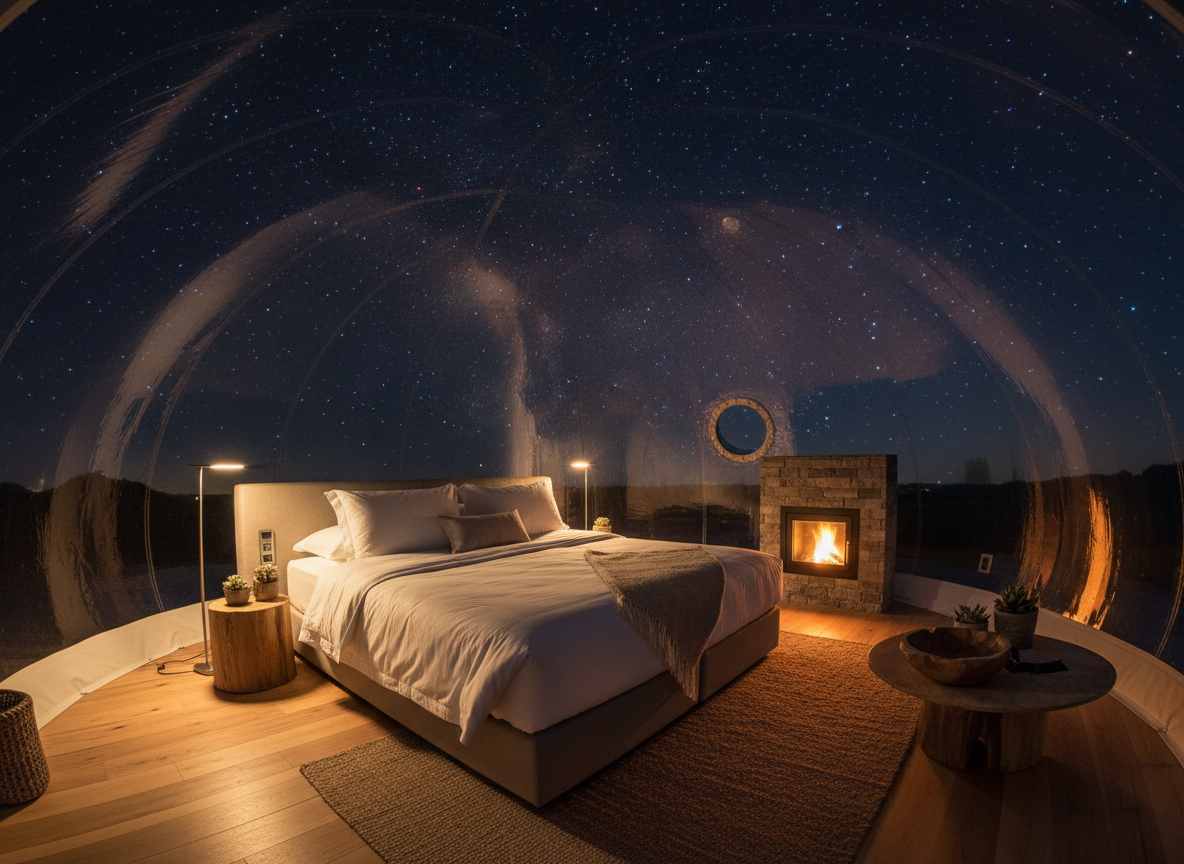 Interior de suite burbuja con cama king size y cielo estrellado