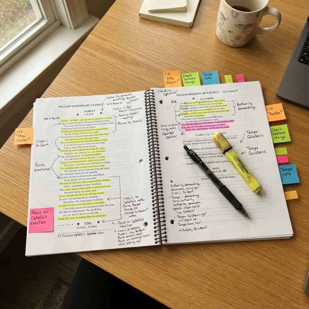 Annotated script with colorful sticky notes
