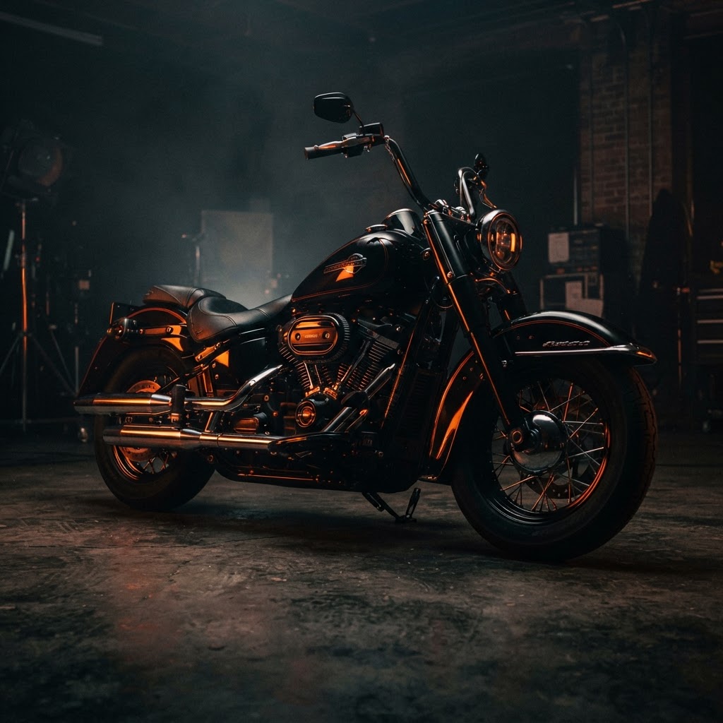 Harley-Davidson style cruiser motorcycle in dramatic orange studio lighting
