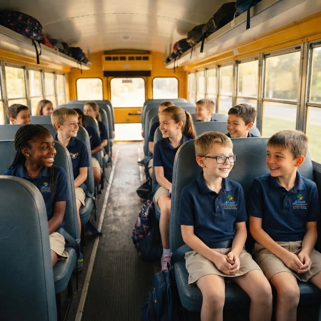 AMCS students riding the school bus in uniform