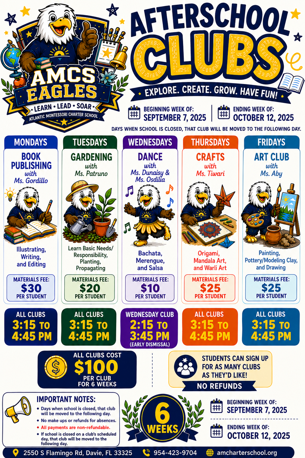 AMCS Afterschool Clubs — Fall 2025 flyer
