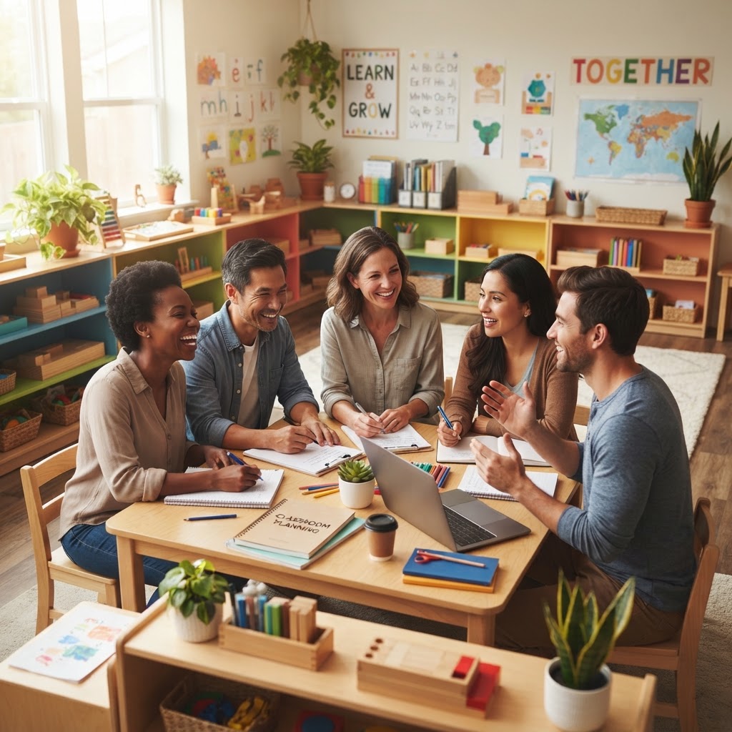 Parents and teacher collaborating in a classroom