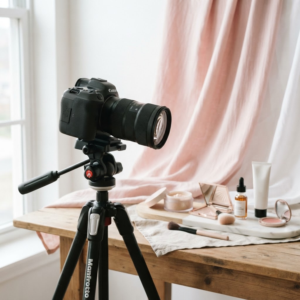 Studio fotograficzne z akcesoriami i kosmetykami do makijażu sesyjnego