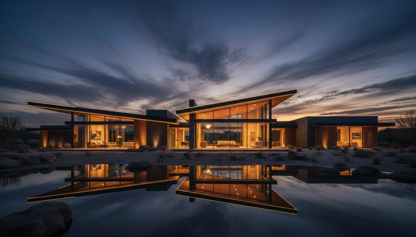 Modern home with a professionally installed roof at dusk