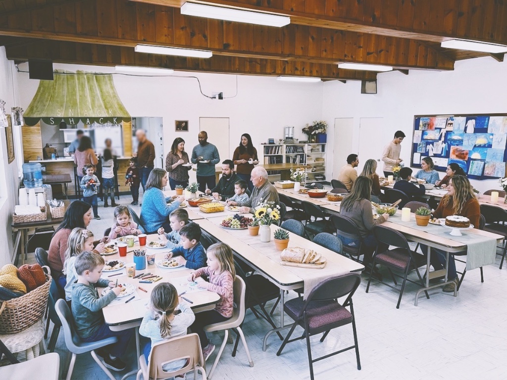 Church community gathering for fellowship meal