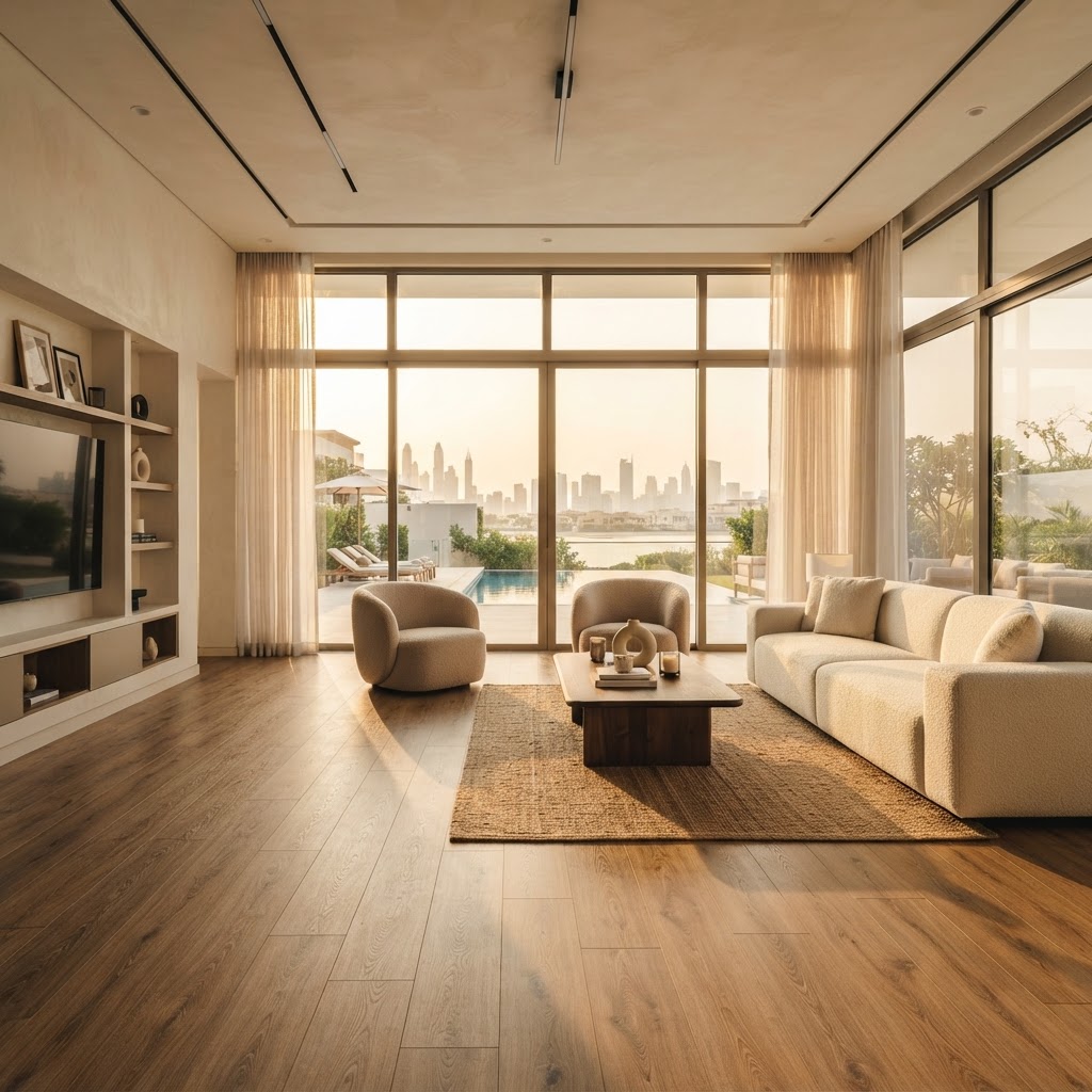 Bene SPC flooring installed in a luxury Dubai villa living room — Floor Woods
