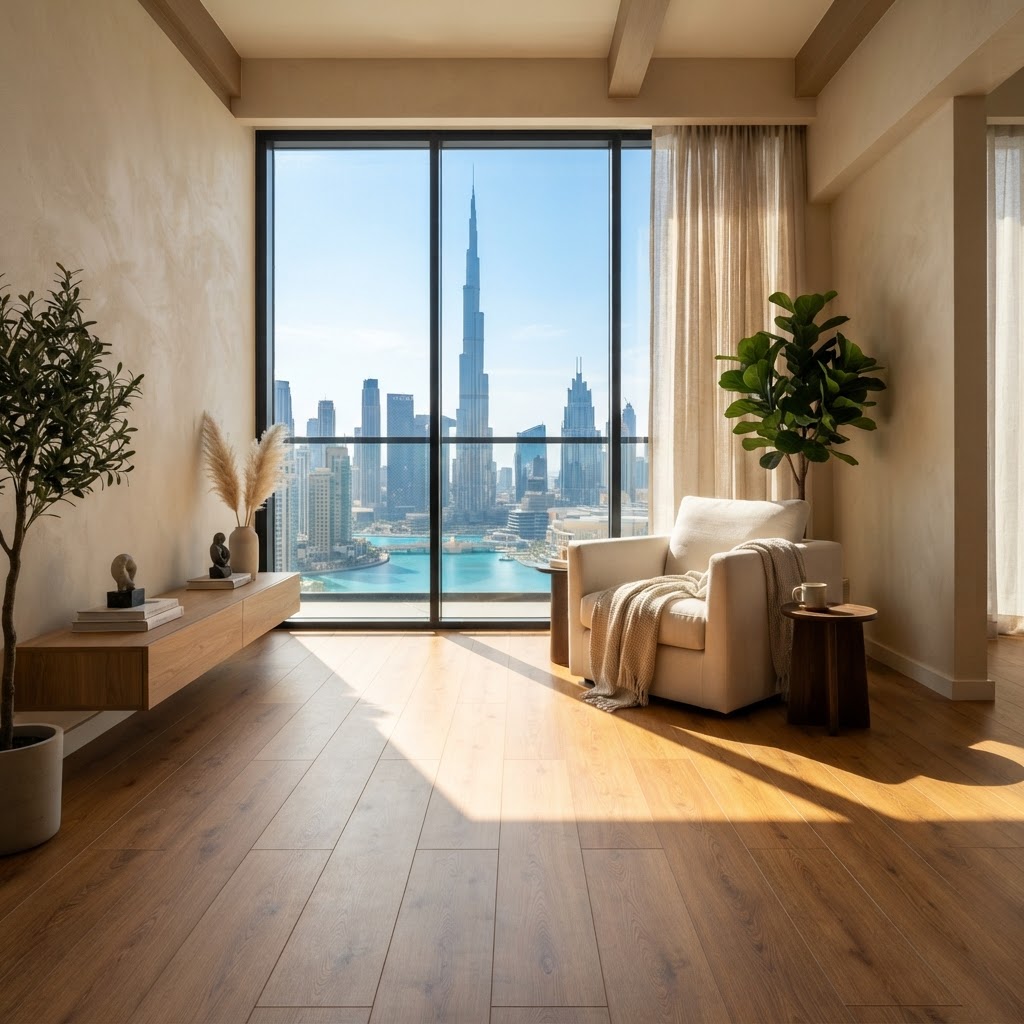 Dubai apartment sunroom with direct sunlight across premium SPC flooring in warm oak — Floor Woods