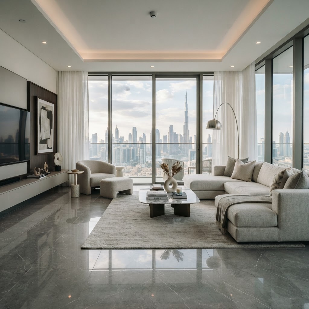 Grey marble-look LVT flooring in a modern Dubai apartment interior — Floor Woods