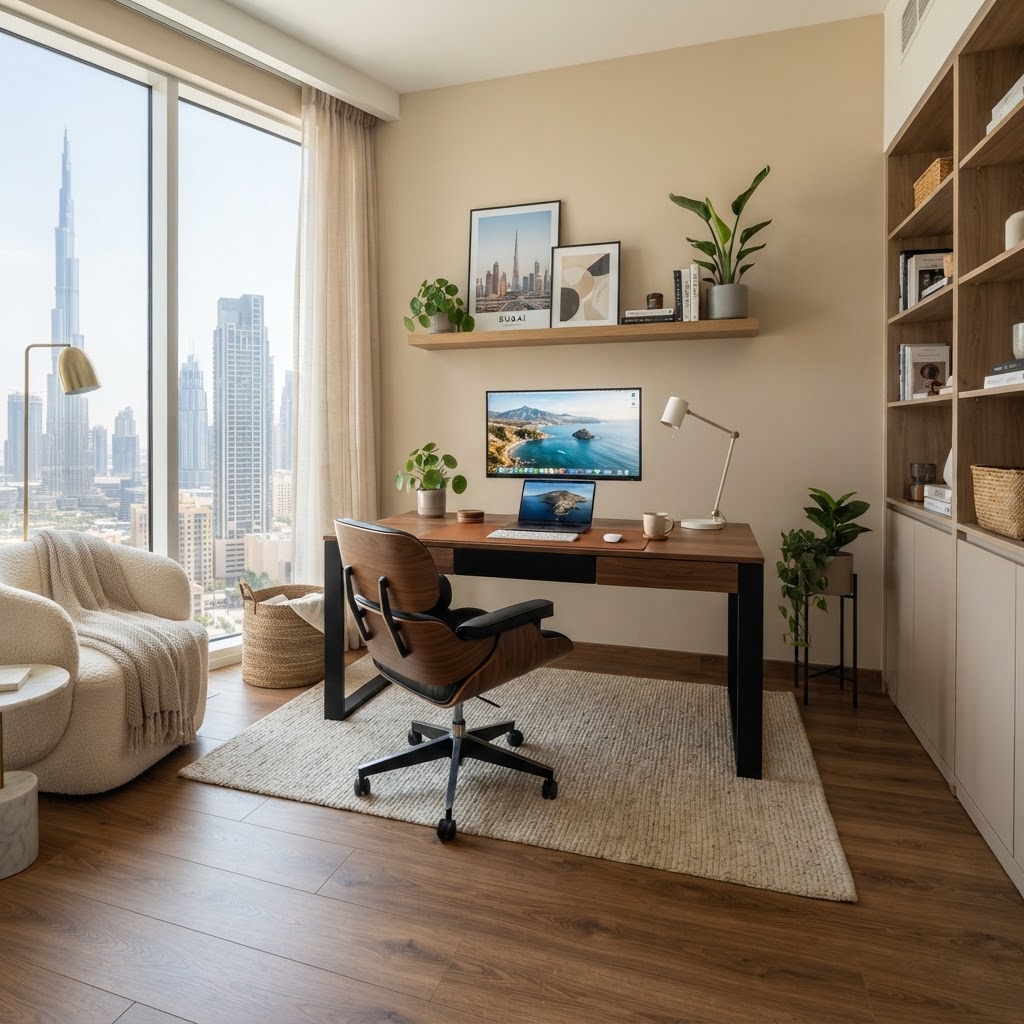 Laminate flooring installed in an elegant Dubai home office — Floor Woods