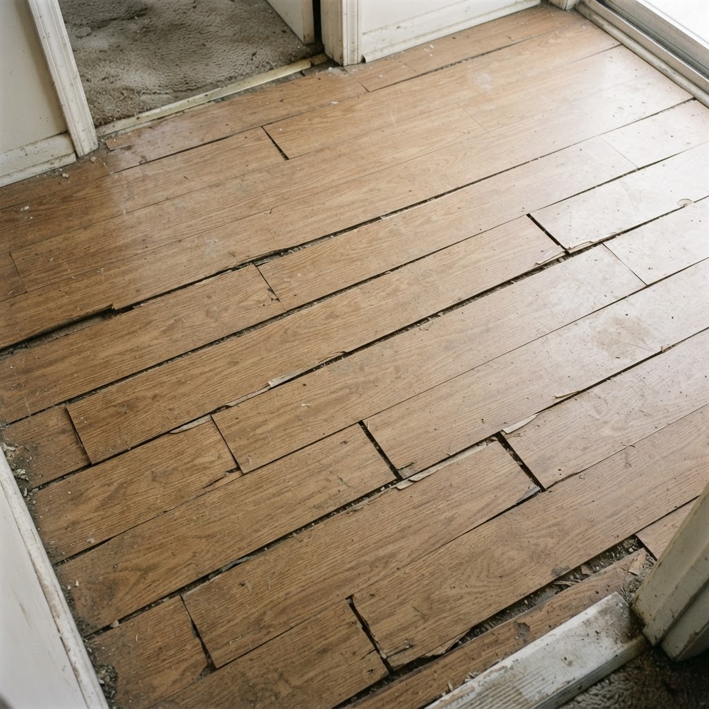 Before — worn, gapping vinyl flooring in a Dubai apartment