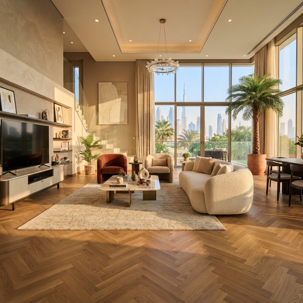 Bene herringbone flooring in a luxury Dubai interior — Floor Woods