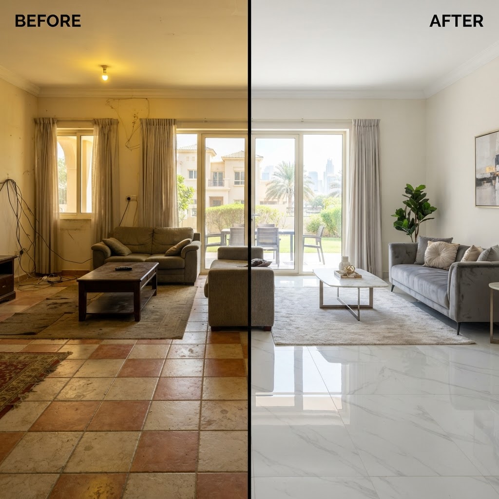 Before SPC Marble Flooring installation — dated flooring in Dubai villa