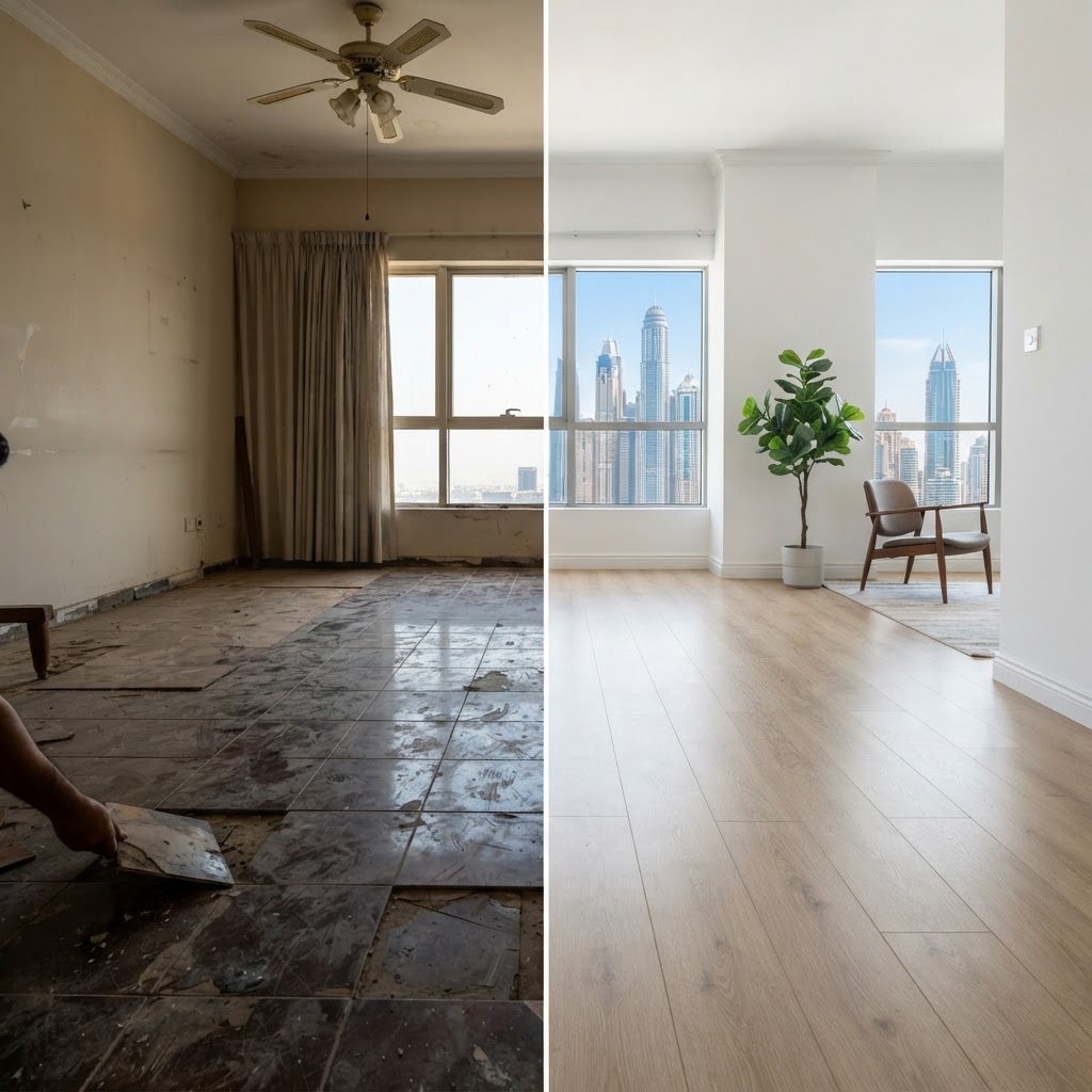 Before SPC flooring installation — old damaged floor in Dubai apartment