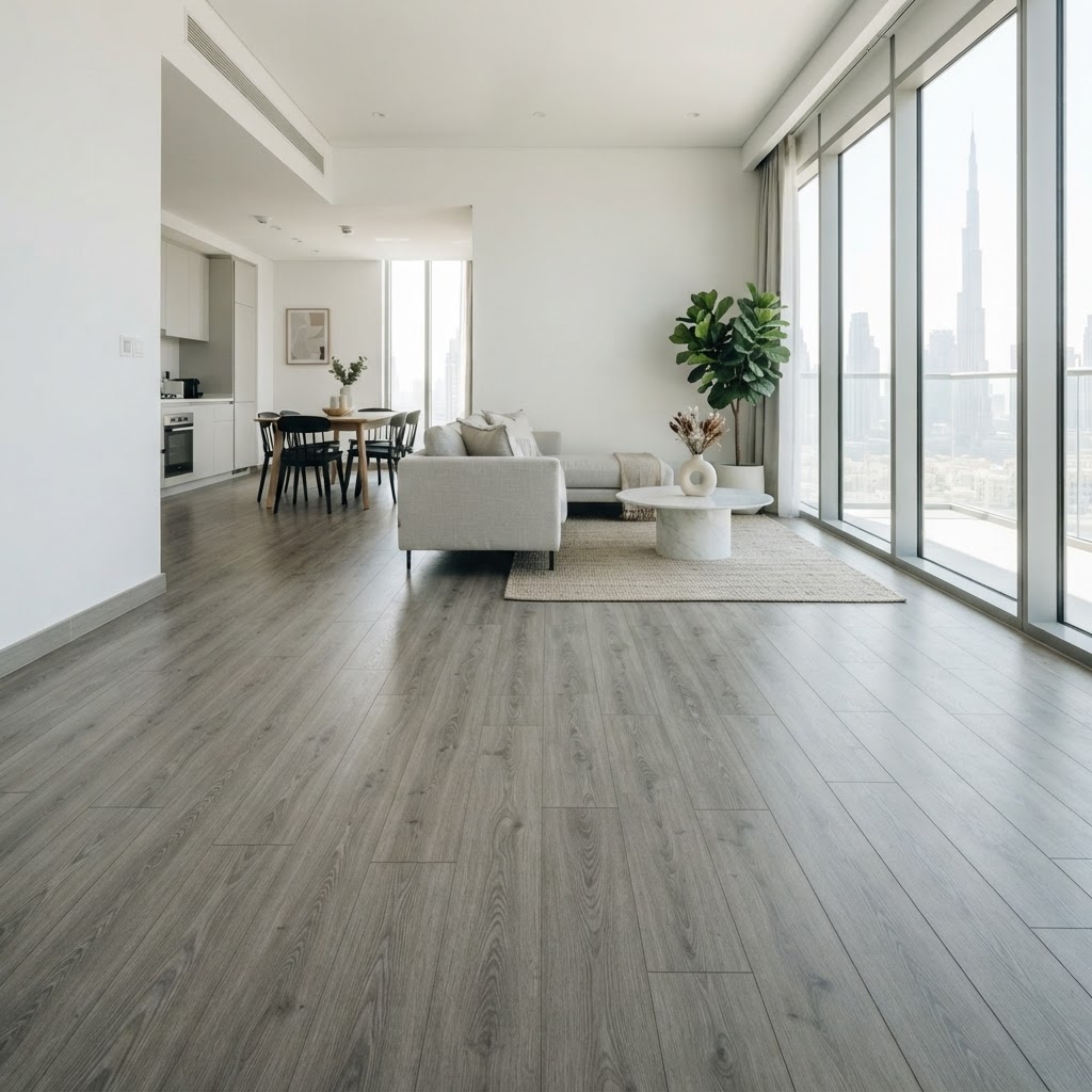 After — Bene SPC Flooring in Grey Ash with consistent gap-free finish