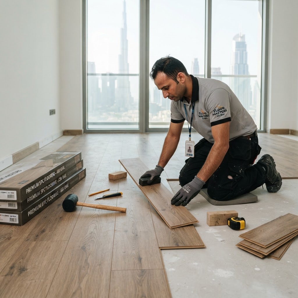 Professional SPC flooring installation team at work in Dubai — Floor Woods