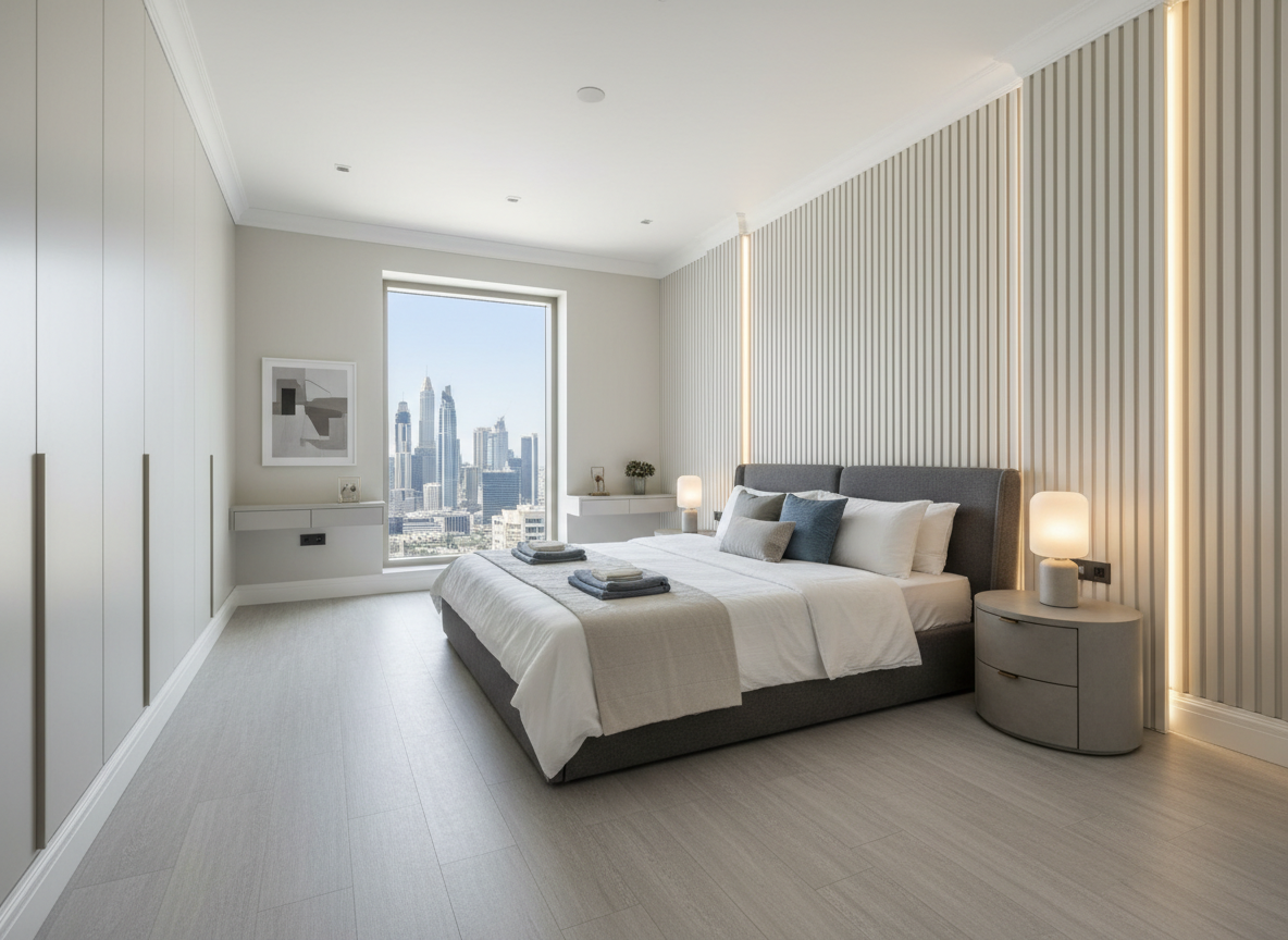 SPC flooring with wall panels in Dubai Marina apartment