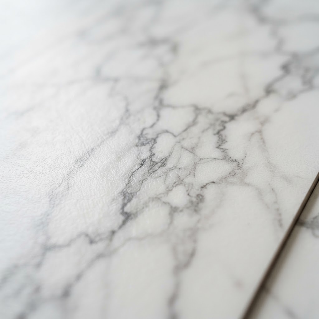 Premium SPC marble flooring surface showing realistic Carrara marble vein texture — Floor Woods Dubai