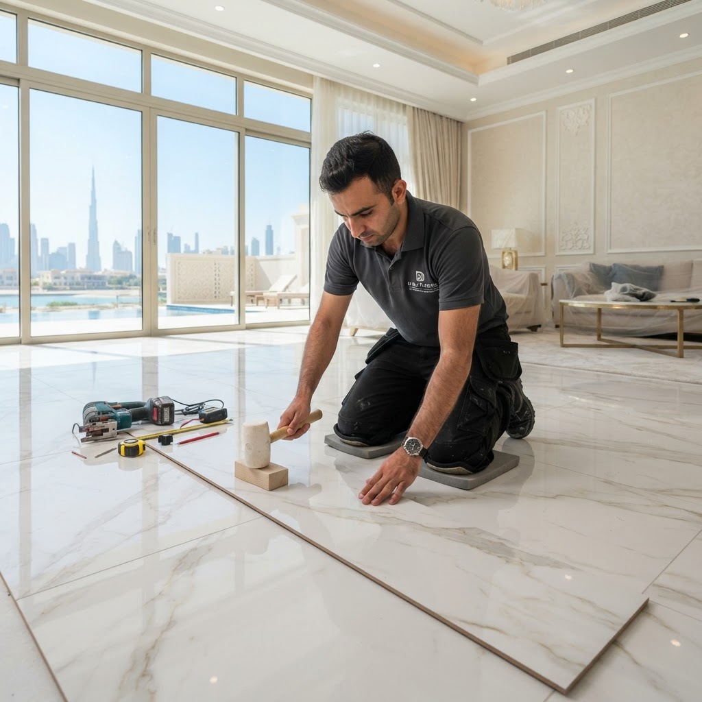 Professional installation of premium SPC marble flooring in a Dubai villa — Floor Woods