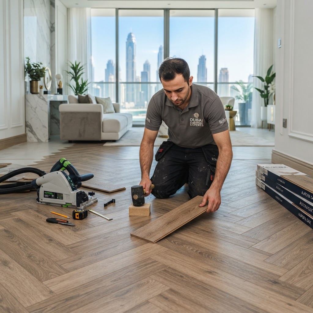 Professional precision installation of SPC herringbone flooring in a Dubai apartment — Floor Woods