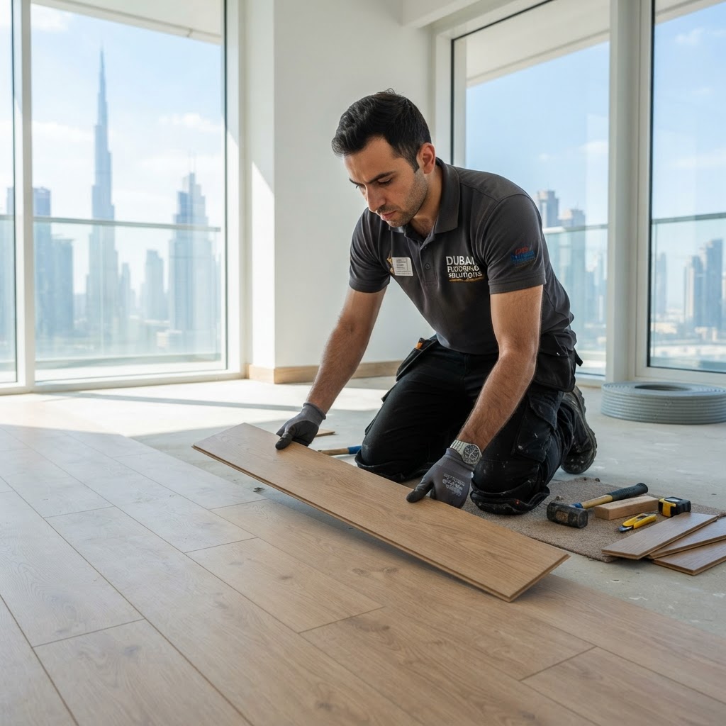 Professional smart click-lock flooring installation in a Dubai apartment — Floor Woods