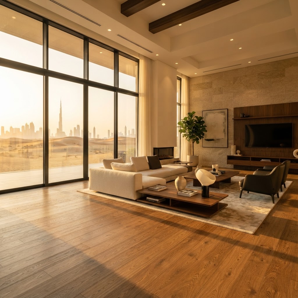 Luxury Dubai villa interior with premium SPC flooring in warm oak — Floor Woods blog