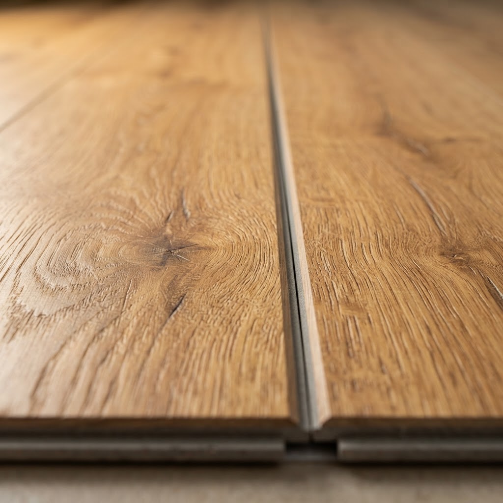 Premium SPC stone polymer composite flooring close-up showing realistic warm oak wood grain texture — Floor Woods Dubai