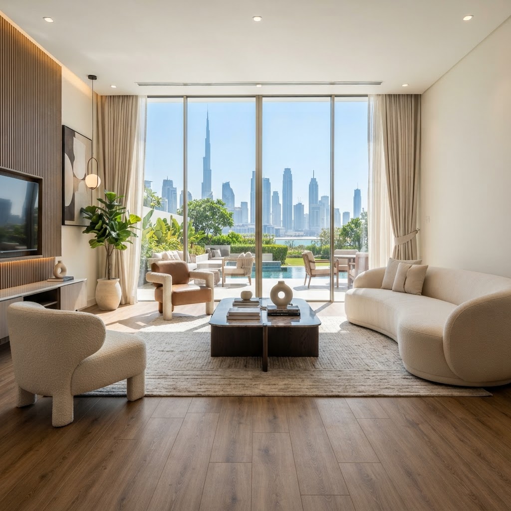 Premium LVT luxury vinyl tile flooring installed in a modern Dubai villa living room — Floor Woods Dubai