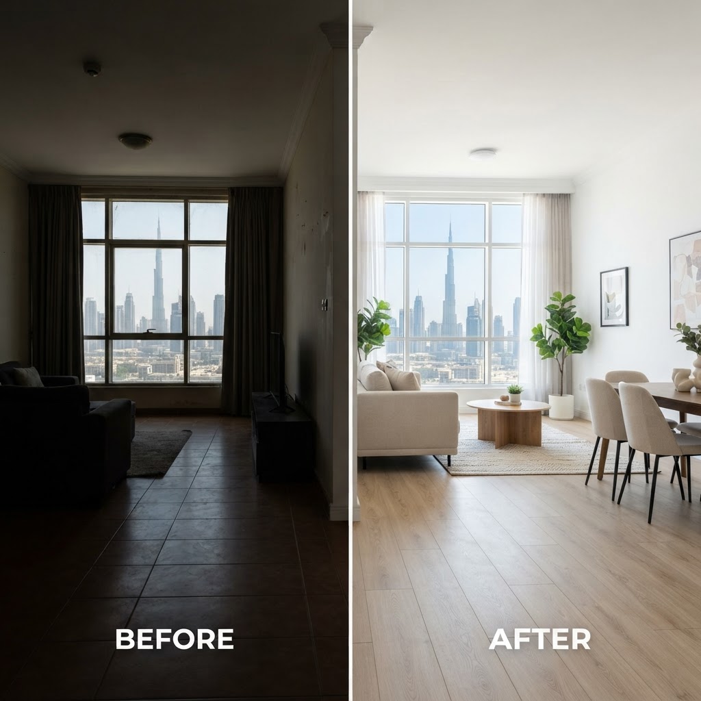 Before Polar Flooring installation — dark dated tile floor in Dubai apartment