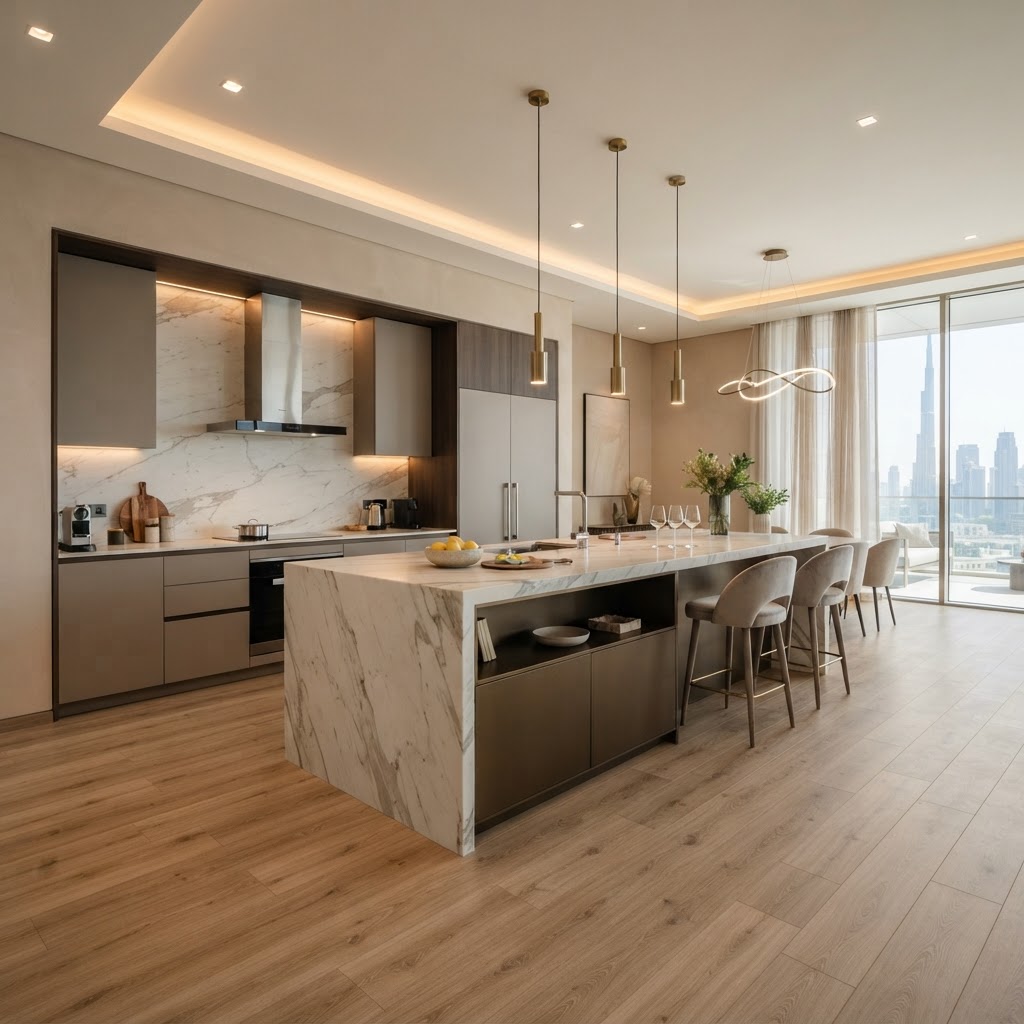 Luxury Dubai modern kitchen with waterproof SPC flooring in light oak — Floor Woods