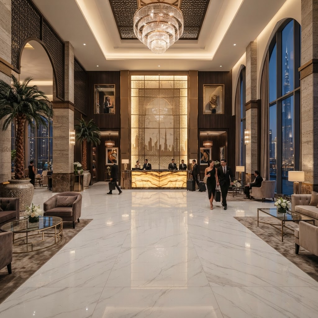Elegant Dubai hotel lobby with premium SPC Calacatta marble flooring — Floor Woods