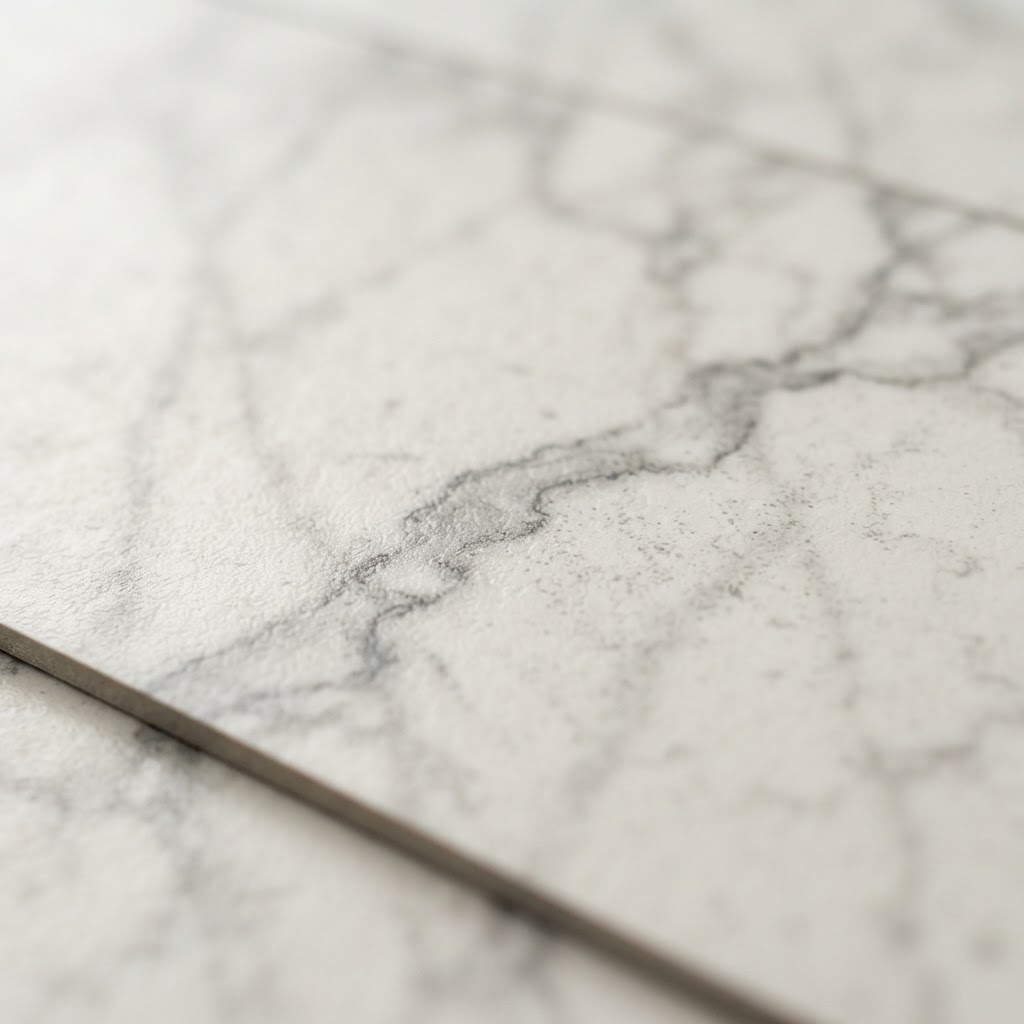 Close-up of LVT Marble Flooring showing realistic Carrara marble veining — Floor Woods Dubai