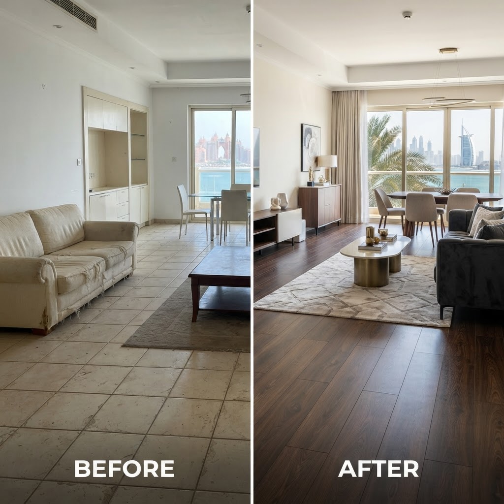 Before Richmond Flooring installation — dated flooring in Palm Jumeirah villa