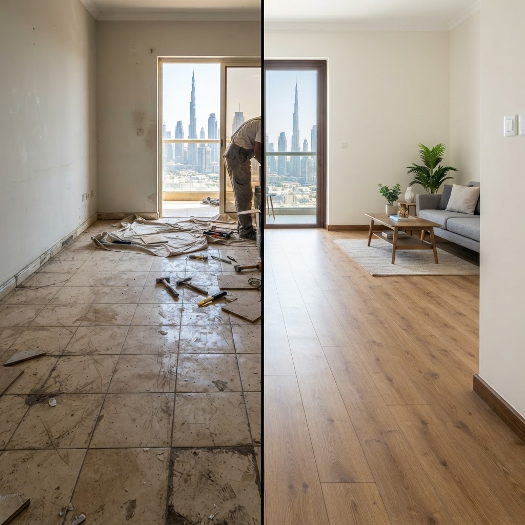 Before laminate flooring installation — old damaged floor in Dubai home