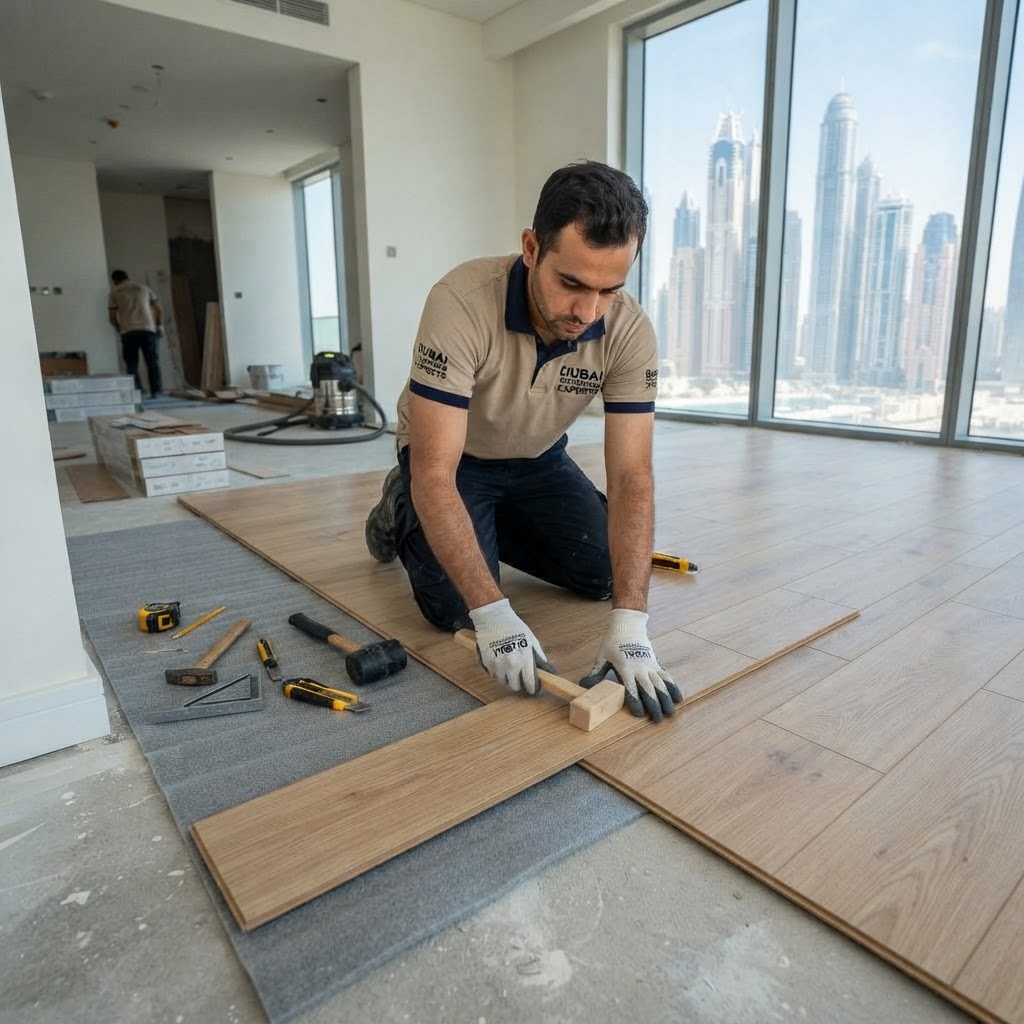 Professional laminate flooring installation team at work in Dubai — Floor Woods