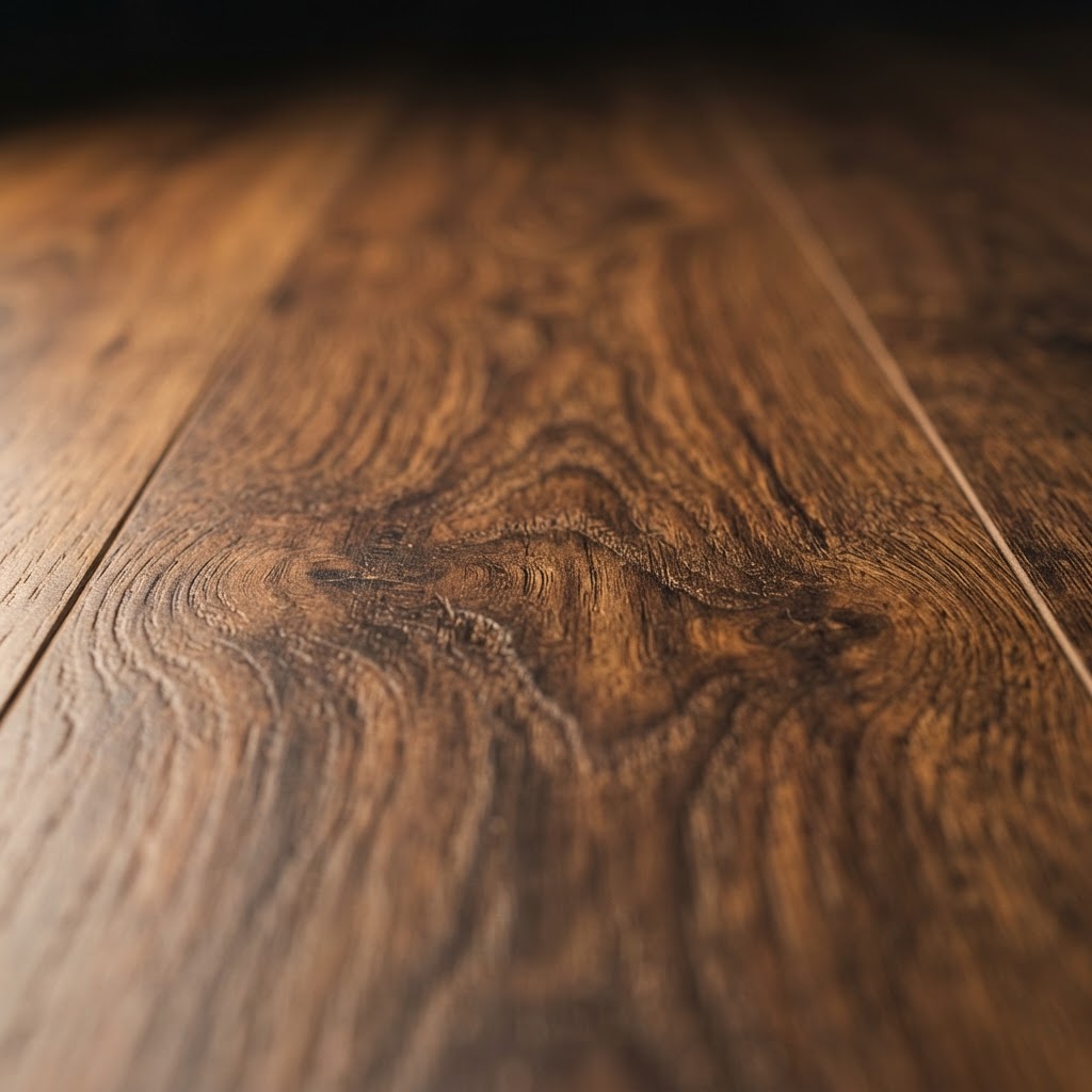 Extreme close-up of SPC flooring walnut wood grain texture showing realistic natural wood appearance — Floor Woods Dubai