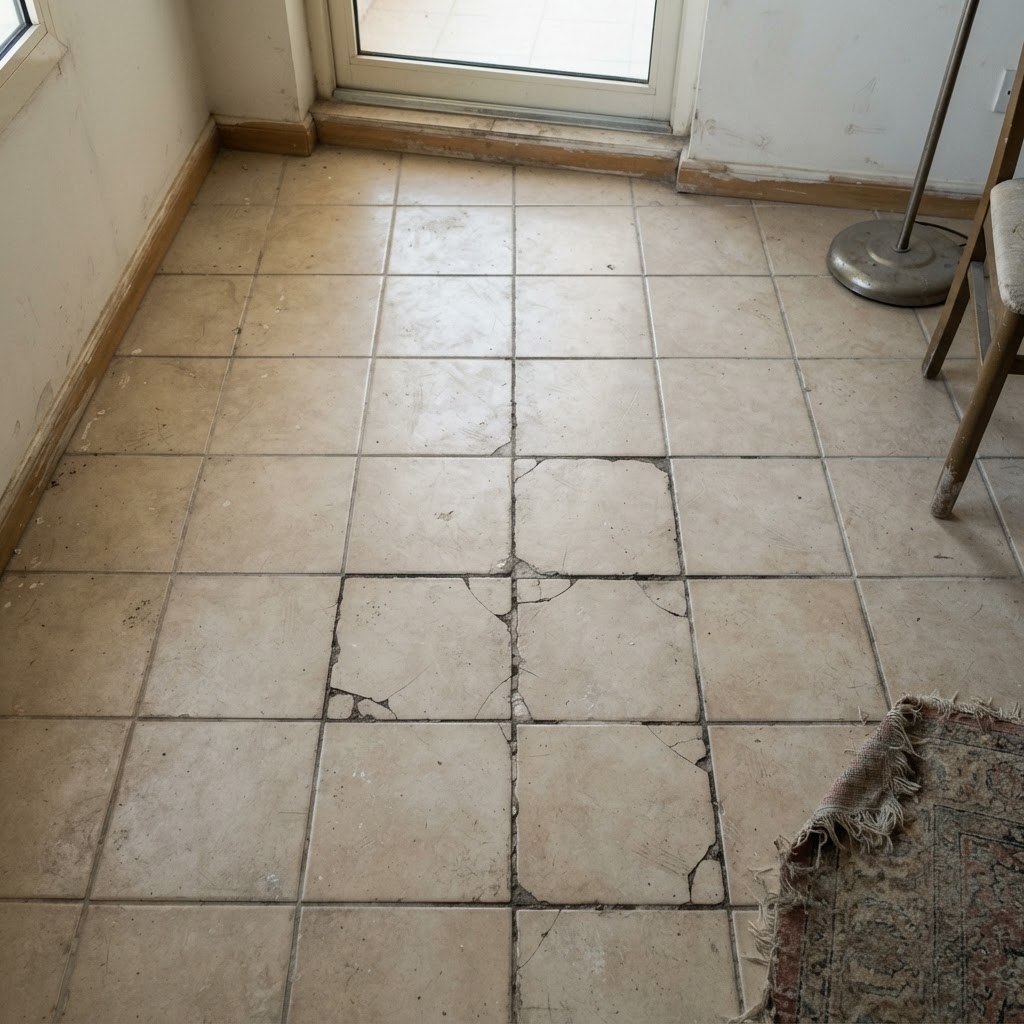 Before — old worn beige ceramic tile floor in a Dubai apartment