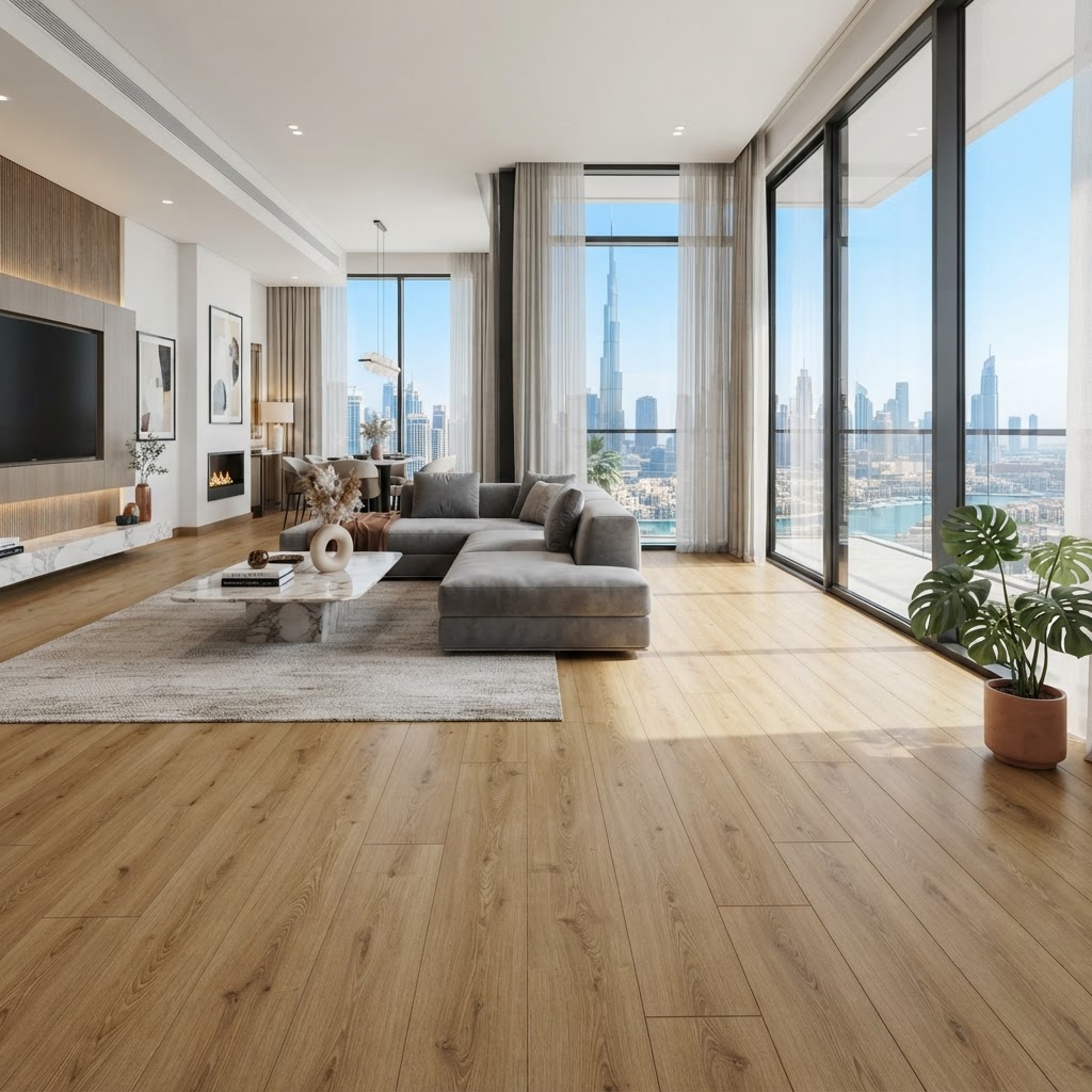 Premium smart click-lock waterproof flooring installed in a modern Dubai living room — Floor Woods Dubai