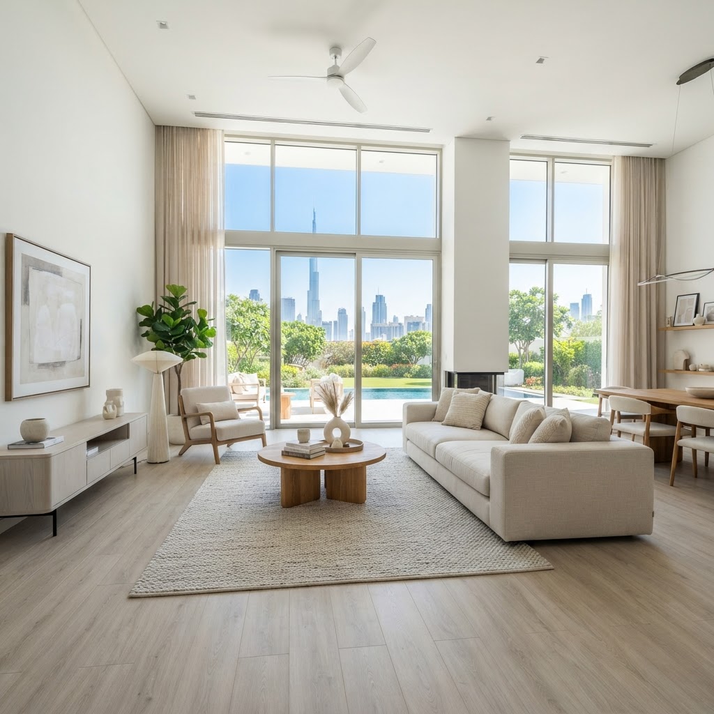 Luxury bright Dubai villa living room with light ash Polar SPC flooring — Floor Woods