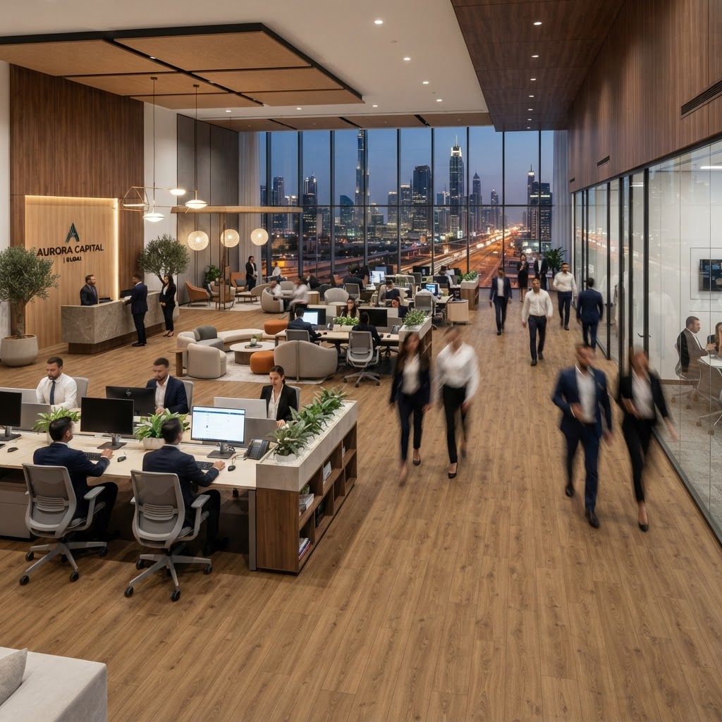 Premium corporate office interior in Dubai with SPC flooring built for heavy foot traffic — Floor Woods