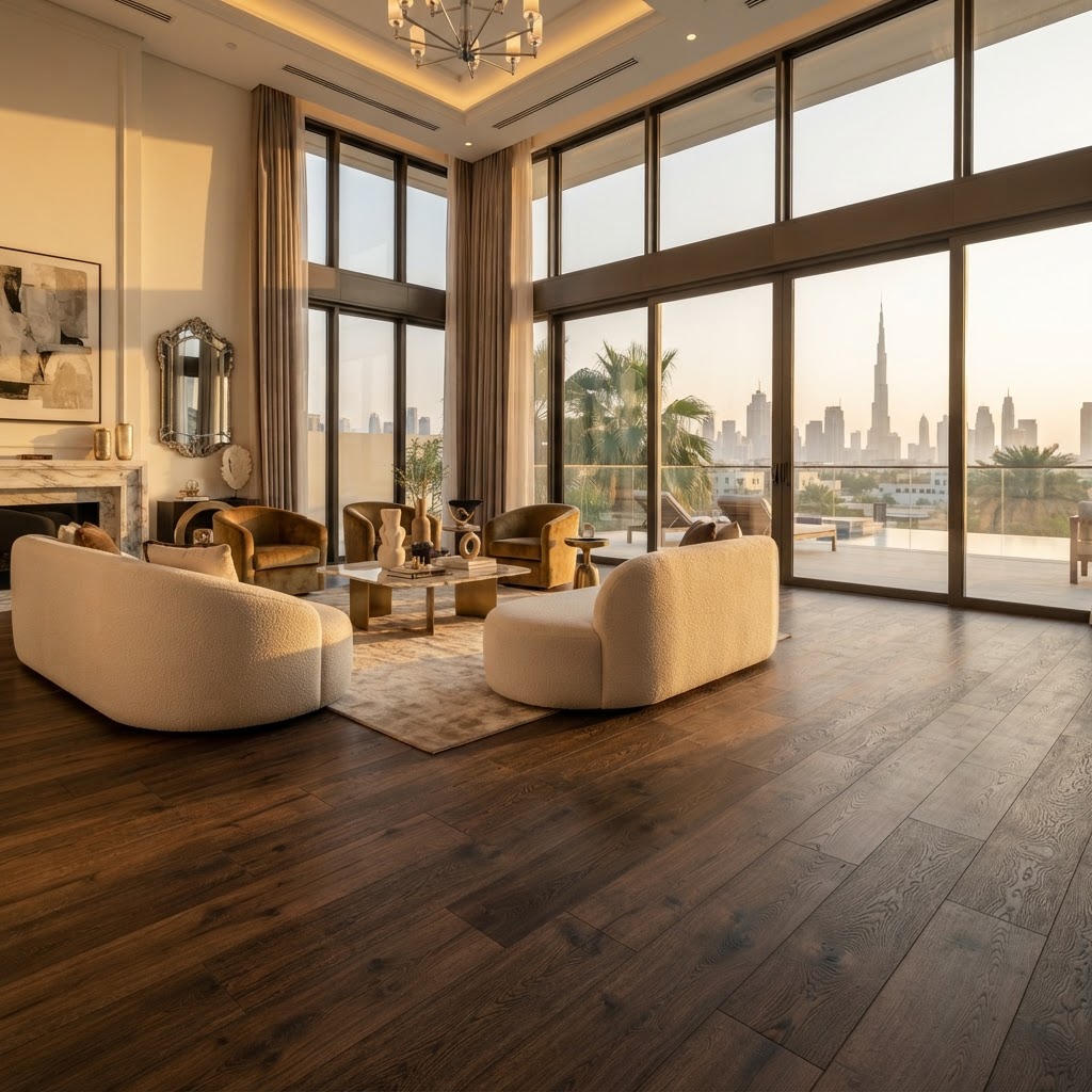 Premium Richmond SPC flooring installed in an upscale Dubai villa living room — Floor Woods Dubai