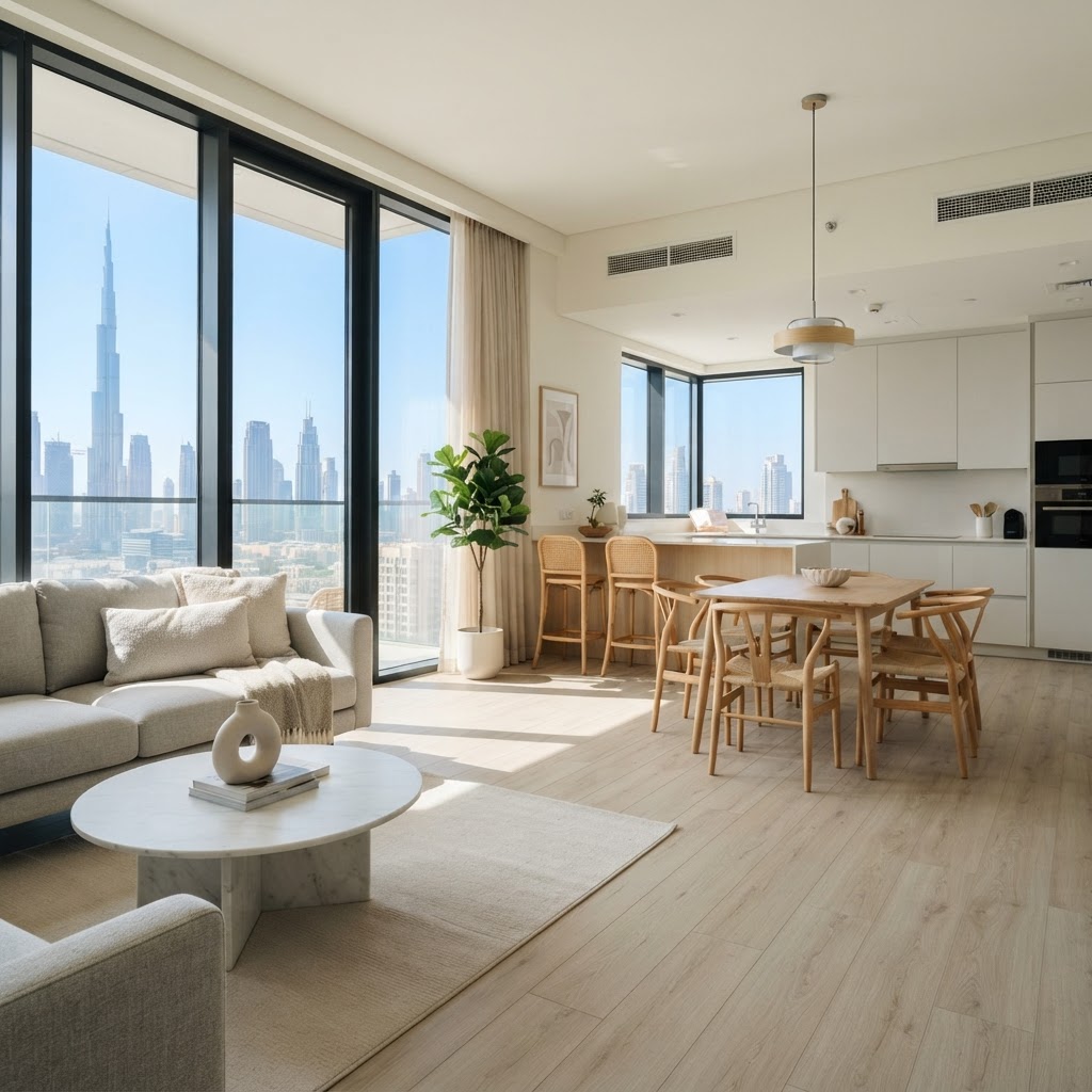 Bright modern Dubai apartment with light-toned Polar SPC flooring in white oak finish — Floor Woods Dubai