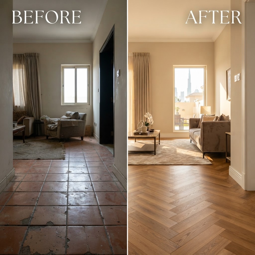 Before SPC Herringbone Flooring installation — dated flooring in Dubai villa