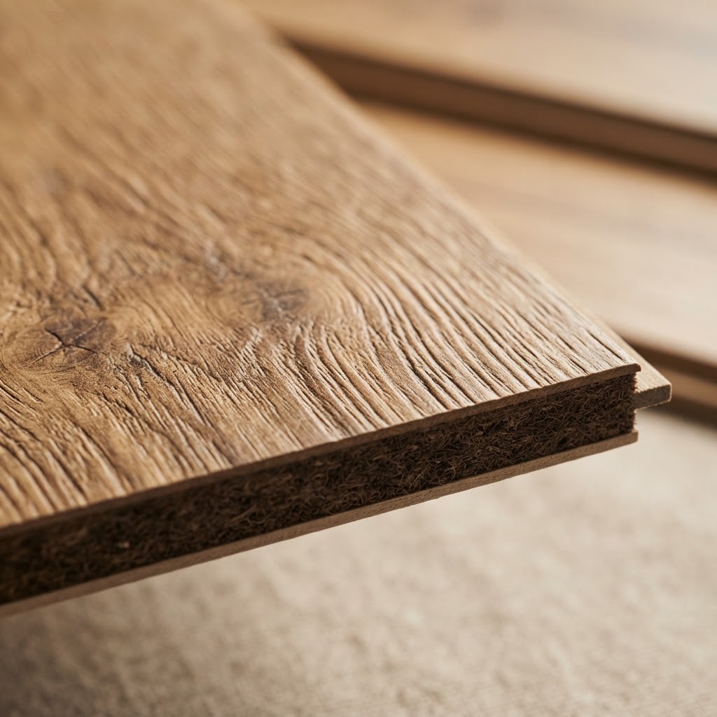 Close-up of premium laminate flooring texture and HDF core — Floor Woods Dubai