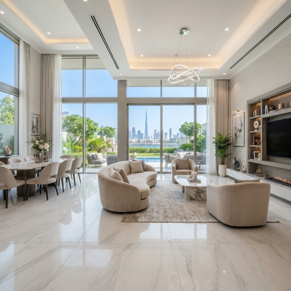 Premium SPC marble flooring in white Carrara look installed in a luxury Dubai villa living room — Floor Woods Dubai