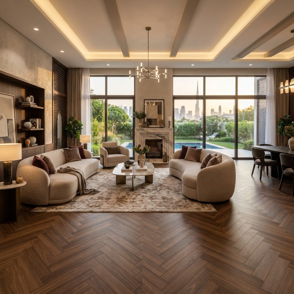 Premium Bene herringbone flooring in a luxury Dubai villa — Floor Woods