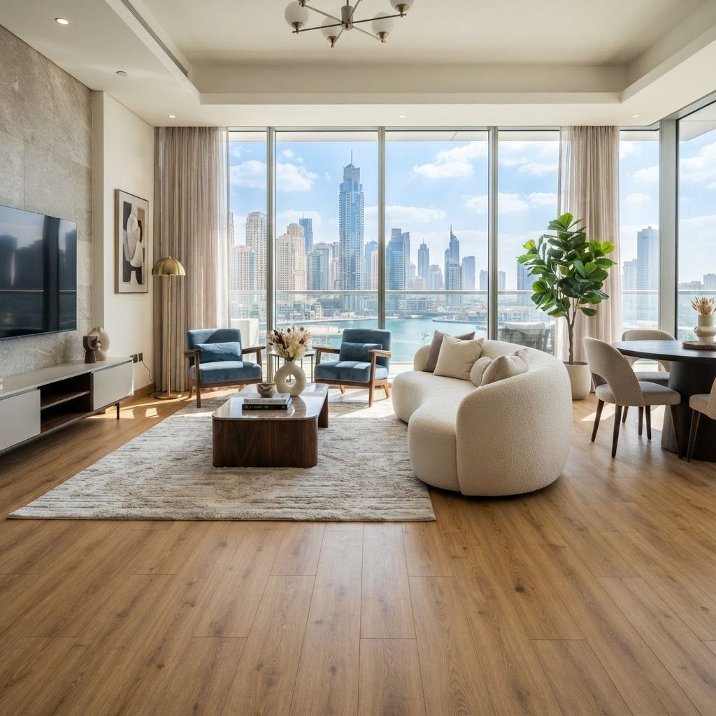 Premium laminate wood flooring installed in a modern Dubai living room — Floor Woods Dubai