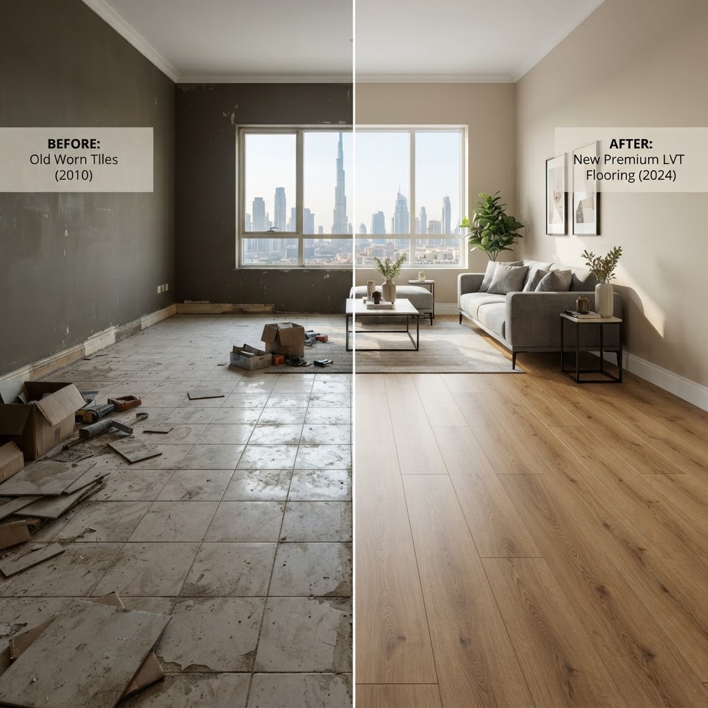 Before LVT flooring installation — old worn floor in Dubai apartment