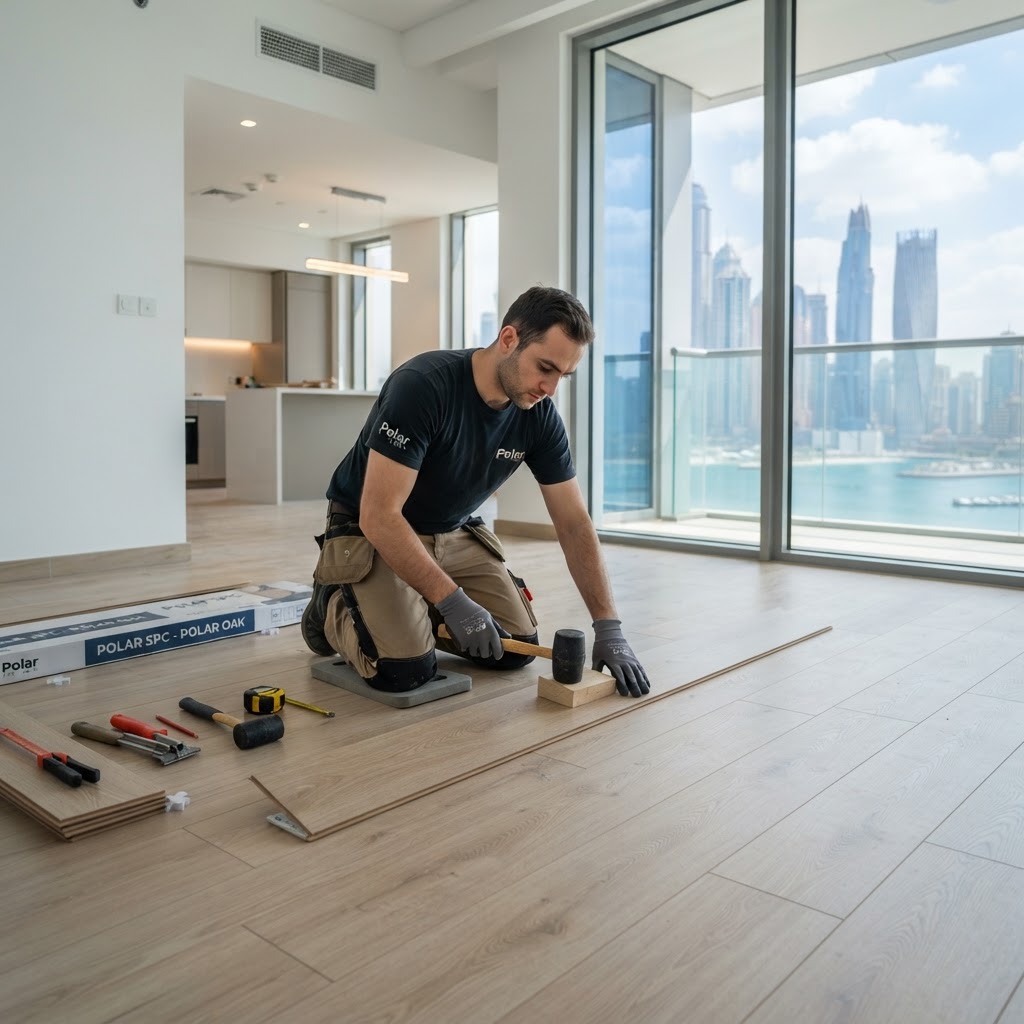 Professional installation of light-toned Polar SPC flooring in a bright Dubai apartment — Floor Woods