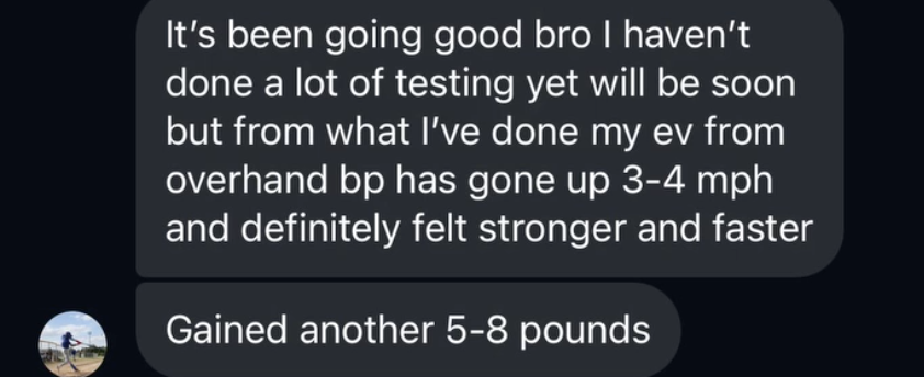 Overhand BP EV up 3-4 mph, +5-8 pounds